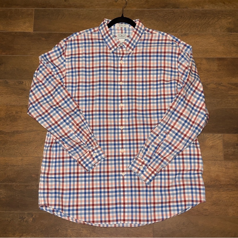 LL Bean Wrinkle-Free Kennebunk Sport Shirt, Traditional Fit Red & Blue Plaid XL